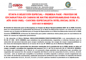 Read more about the article ETAPA II SELECCIÓN ESPECIAL – PRIMERA FASE – PROCESO DE ENCARGATURA EN CARGOS DE MAYOR RESPONSABILIDAD PARA EL AÑO 2022 UGEL – CANCHIS: ESPECIALISTA NIVEL INICIAL (RVM. N°. 255-2019-MINEDU)