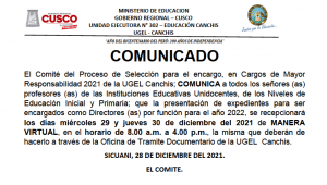 Read more about the article COMUNICADO – Cargos de Mayor Responsabilidad 2021 de la UGEL Canchis