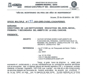 Read more about the article ELEVAR INFORME SOBRE CUMPLIMIENTO DE FUNCIONES DEL PERSONAL CONTRATADO BAJO EL REGIMEN DEL DECRETO LEGISLATIVO 276 Y /O DEL DECRETO LEGISLATIVO 1057.