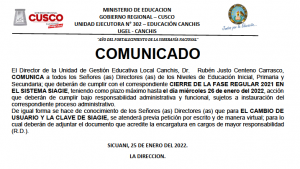 Read more about the article COMUNICADO – CIERRE DE LA FASE REGULAR 2021 EN EL SISTEMA SIAGIE