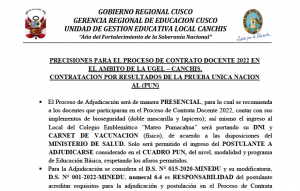 Read more about the article PRECISIONES PARA EL PROCESO DE CONTRATO DOCENTE 2022 EN EL AMBITO DE LA UGEL – CANCHIS. CONTRATACION POR RESULTADOS DE LA PRUEBA UNICA NACION AL (PUN)