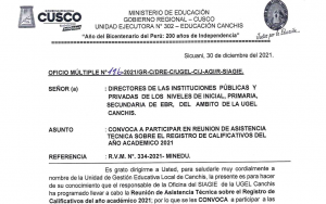 Read more about the article CONVOCA A PARTICIPAR EN REUNION DE ASISTENCIA TECNICA SOBRE EL REGISTRO DE CALIFICATIVOS DEL AÑO ACADEMICO 2021