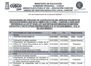 Read more about the article CRONOGRAMA DEL PROCESO DE CONTRATACION DEL SERVICIO DOCENTE EN EDUCACION BASICA 2022 EN EL AMBITO DE LA UGEL – CANCHIS, A QUE HACE REFERENCIA LA LEY N° 30328, LEY QUE ESTABLECE MEDIDAS EN MATERIA EDUCATIVA Y DICTA OTRAS DISPOSICIONES (D.S. N° 015-2020-MINEDU – D.S. N° 001-2022-MINEDU)