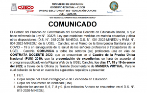 Read more about the article COMUNICADO – Proceso de Contratación del Servicio Docente en Educación Básica