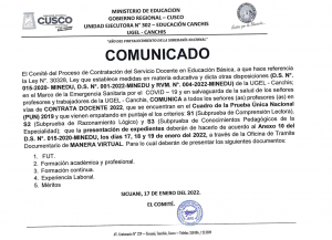 Read more about the article COMUNICADO – Proceso de Contratación del Servicio Docente en Educación Básica