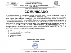 Read more about the article COMUNICADO – Proceso de Contratación Docente 2022 de la UGEL – Canchis