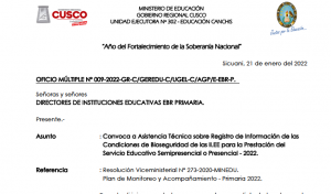 Read more about the article Convoca a Asistencia Técnica sobre Registro de Información de las Condiciones de Bioseguridad de las II.EE para la Prestación del Servicio Educativo Semipresencial o Presencial – 2022.