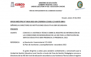 Read more about the article CONVOCA A ASISTENCIA TÉCNICA SOBRE EL REGISTRO DE INFORMACIÓN DE LAS CONDICIONES DE BIOSEGURIDAD DE LAS IIEE PARA LA PRESTACIÓN DEL SERVICIO EDUCATIVO SEMI PRESENCIAL O PRESENCIAL 2022