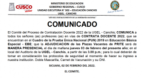 Read more about the article COMUNICADO – PROCESO DE CONTRATACIÓN DOCENTE 2022 DE LA UGEL – CANCHIS