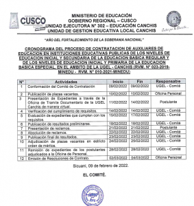 Read more about the article CRONOGRAMA DEL PROCESO DE CONTRATACION DE AUXILIARES DE EDUCACION EN INSTITUCIONES EDUCATIVAS PUBLICAS DE LOS NIVELES DE EDUCACION INICIAL Y SECUNDARIA DE LA EDUCACION BASICA REGULAR Y DE LOS NIVELES DE EDUCACION INICIAL Y PRIMARIA DE LA EDUCACION BASICA ESPECIAL, EN EL AMBITO DE LA UGEL – CANCHIS (RVM. N° 023-2019- MINEDU- RVM. N° 010-2021-MINEDU)