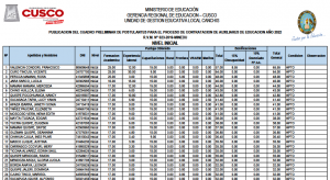 Read more about the article PUBLICACION DEL CUADRO PRELIMINAR DE POSTULANTES PARA EL PROCESO DE CONTRATACION DE AUXILIARES DE EDUCACION AÑO 2022 R.V.M. N° 023-2019-MINEDU