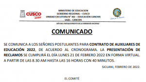 Read more about the article COMUNICADO – CONTRATO DE AUXILIARES DE EDUCACIÓN 2022