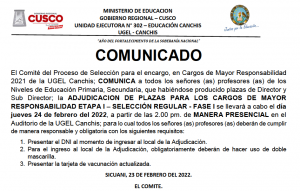 Read more about the article COMUNICADO – CARGOS DE MAYOR RESPONSABILIDAD 2021 DE LA UGEL CANCHIS