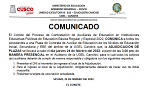 Read more about the article COMUNICADO – PROCESO DE CONTRATACIÓN DE AUXILIARES DE EDUCACIÓN EN INSTITUCIONES EDUCATIVAS PÚBLICAS DE EDUCACIÓN BÁSICA REGULAR Y ESPECIAL 2022