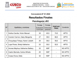 Read more about the article Convocatoria N° 01-2022 Resultados Finales Psicólogo(a) JEC