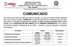 Read more about the article COMUNICADO – CARGOS DE MAYOR RESPONSABILIDAD 2021 DE LA UGEL CANCHIS