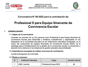 Read more about the article CONVOCATORIA N° 08-2022 PARA LA CONTRATACIÓN DE: PROFESIONAL II PARA EQUIPO ITINERANTE DE CONVIVENCIA ESCOLAR