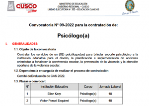 Read more about the article CONVOCATORIA N° 09-2022 PARA LA CONTRATACIÓN DE: PSICÓLOGO(A)