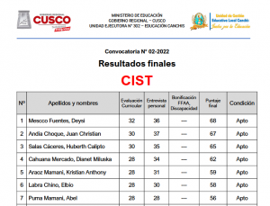 Read more about the article Resultados finales CAS UGEL CANCHIS