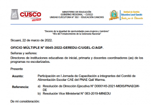 Read more about the article PARTICIPACIÓN EN I JORNADA DE CAPACITACIÓN A INTEGRANTES DEL COMITÉ DE ALIMENTACIÓN ESCOLAR CAE DEL PNAE QALI WARMA.