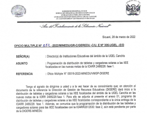 Read more about the article PROGRAMACIÓN DE DISTRIBUCIÓN DE TABLETAS Y CARGADORES SOLARES A LAS IIEE FOCALIZADAS EN LAS NUEVAS METAS DE LA IOARR 2488226: FASE 1.