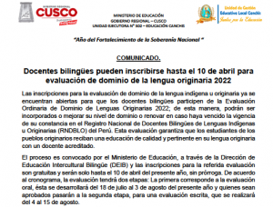 Read more about the article COMUNICADO – Docentes bilingües pueden inscribirse hasta el 10 de abril para evaluación de dominio de la lengua originaria 2022