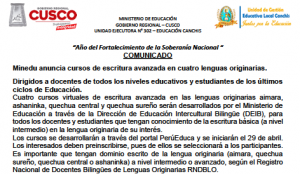 Read more about the article COMUNICADO – Minedu anuncia cursos de escritura avanzada en cuatro lenguas originarias.