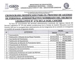 Read more about the article CRONOGRAMA MODIFICADO PARA EL PROCESO DE ASCENSO DE PERSONAL ADMINISTRATIVO NOMBRADO DEL DECRETO LEGISLATIVO N° 276 DE LA UGEL CANCHIS