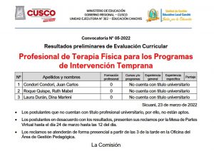 Read more about the article Convocatoria N° 05-2022 Resultados preliminares de Evaluación Curricular Profesional de Terapia Física para los Programas de Intervención Temprana