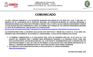 Read more about the article COMUNICADO – DOCENTES BILINGUES EVALUADOS EN LOS AÑOS 2017, 2018, Y 2020