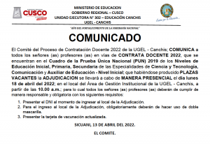 Read more about the article COMUNICADO – CONTRATA DOCENTE 2022