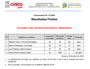 Read more about the article Resultados Finales – Formador Tutor del Nivel Secundaria – Matemática