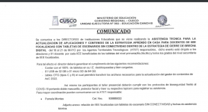 Read more about the article COMUNICADO –  ASISTENCIA TECNICA PARA LA ACTUALIZACION DE APLICACIONES Y CONTENIDO DE LA ESTRATEGIA APRENDO EN CASA PARA DOCENTES DE IIEE FOCALIZADAS CON TABLETAS DE ESCENARIOS SIN CONECTIVIDAD DENTRO DE LA ESTRATEGIA DE CIERRE DE BRECHA DIGITAL