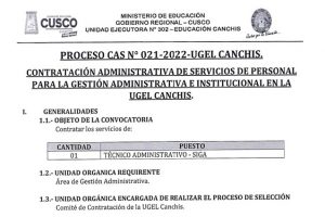 Read more about the article PROCESO CAS N° 021-2022-UGEL CANCHIS.