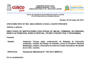 Read more about the article Asistencia Técnica sobre conformación de Brigadas de Educación Ambiental y Gestión del Riesgo de Desastre, previo al Simulacro Nacional Multipeligro, dirigido a Directores de todos los niveles Educativos del ámbito de la UGEL Canchis.