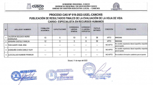 Read more about the article PROCESO CAS N° 019-2022-UGEL-CANCHIS<br>PUBLICACIÓN DE RESULTADOS FINALES DE LA EVALUACIÓN DE LA HOJA DE VIDA