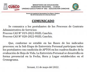 Read more about the article CONTRATO ADMINISTRATIVO DE SERVICIOS: PROCESO CAS N° 019-2022-UGEL CANCHIS Y PROCESO CAS N° 020-2022-UGEL CANCHIS..