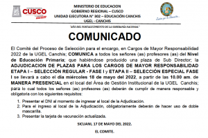 Read more about the article COMUNICADO – Cargos de Mayor Responsabilidad 2022 de la UGEL Canchis