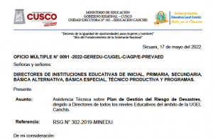 Read more about the article Asistencia Técnica sobre Plan de Gestión del Riesgo de Desastres, dirigido a Directores de todos los niveles Educativos del ámbito de la UGEL Canchis.