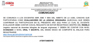 Read more about the article COMUNICADO – EVALUADORES DE LA LENGUA ORIGINARIA