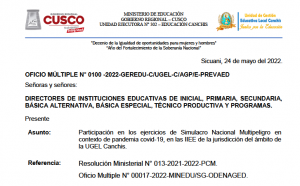 Read more about the article Participación en los ejercicios de Simulacro Nacional Multipeligro en contexto de pandemia covid-19, en las IIEE de la jurisdicción del ámbito de la UGEL Canchis.