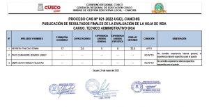 Read more about the article PROCESO CAS Nº 021-2022-UGEL-CANCHIS PUBLICACIÓN DE RESULTADOS FINALES DE LA EVALUACIÓN DE LA HOJA DE VIDA<br>CARGO: TECNICO ADMINISTRATIVO SIGA