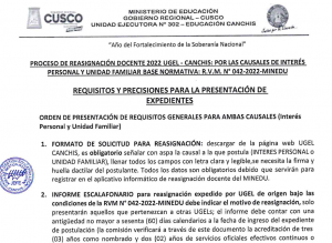 Read more about the article PROCESO DE REASIGNACIÓN DOCENTE 2022 UGEL – CANCHIS: POR LAS CAUSALES DE INTERÉS PERSONAL Y UNIDAD FAMILIAR BASE NORMATIVA: R.V.M. N° 042-2022-MINEDU