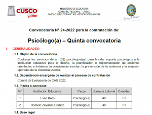 Read more about the article Convocatoria N° 24-2022 para la contratación de: