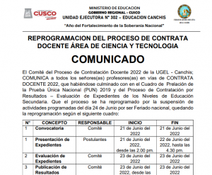 Read more about the article REPROGRAMACION DEL PROCESO DE CONTRATA  DOCENTE ÁREA DE CIENCIA Y TECNOLOGIA