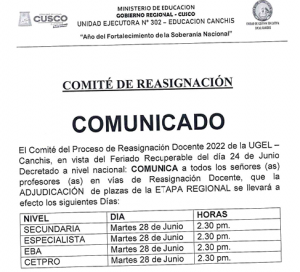 Read more about the article COMUNICADO – Proceso de Reasignación Docente 2022 de la UGEL – Canchis