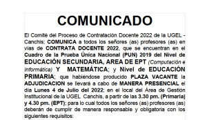 Read more about the article COMUNICADO – CONTRATA DOCENTE 2022