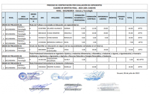 Read more about the article PROCESO DE CONTRATACIÓN POR EVALUACIÓN DE EXPEDIENTES<br>CUADRO DE MERITOS FINAL – 2022 UGEL CANCHIS