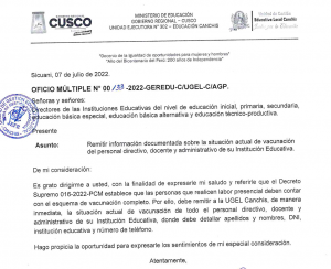 Read more about the article Remitir información documentada sobre la situación actual de vacunación del personal directivo, docente y administrativo de su Institución Educativa.