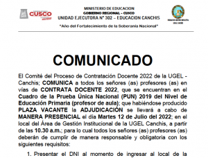 Read more about the article COMUNICADO – CONTRATA DOCENTE 2022